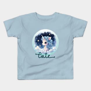 Cute Baby Unicorn on Clouds and Starry Sky Watercolor Illustration Kids T-Shirt